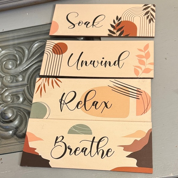 Boho Bathroom Decor Sign Set Relax Unwind Soak Breathe - Picture 3 of 4